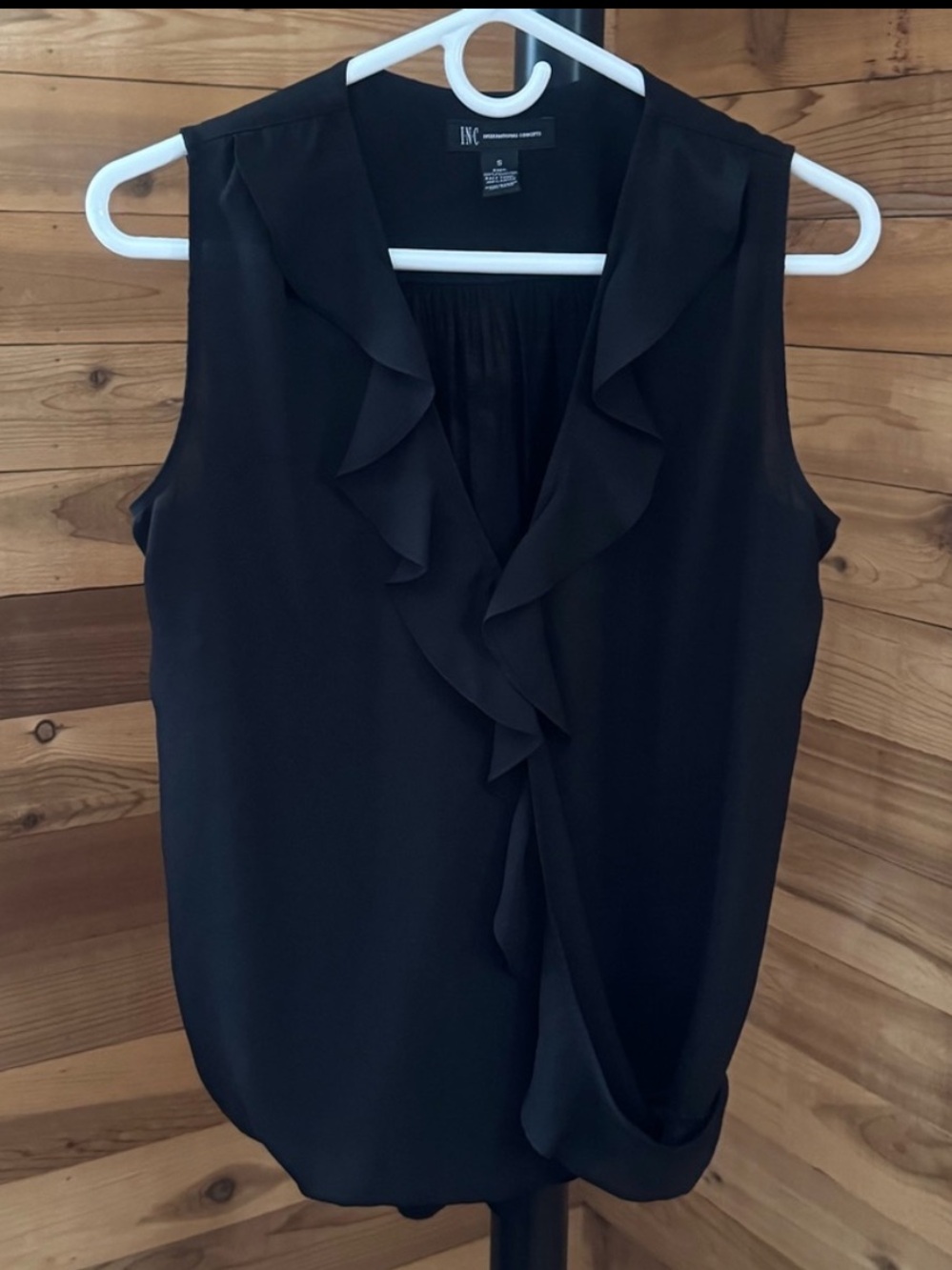 INC International Concepts Black Ruffled V-Neck Draped Top Blouse Small⁠